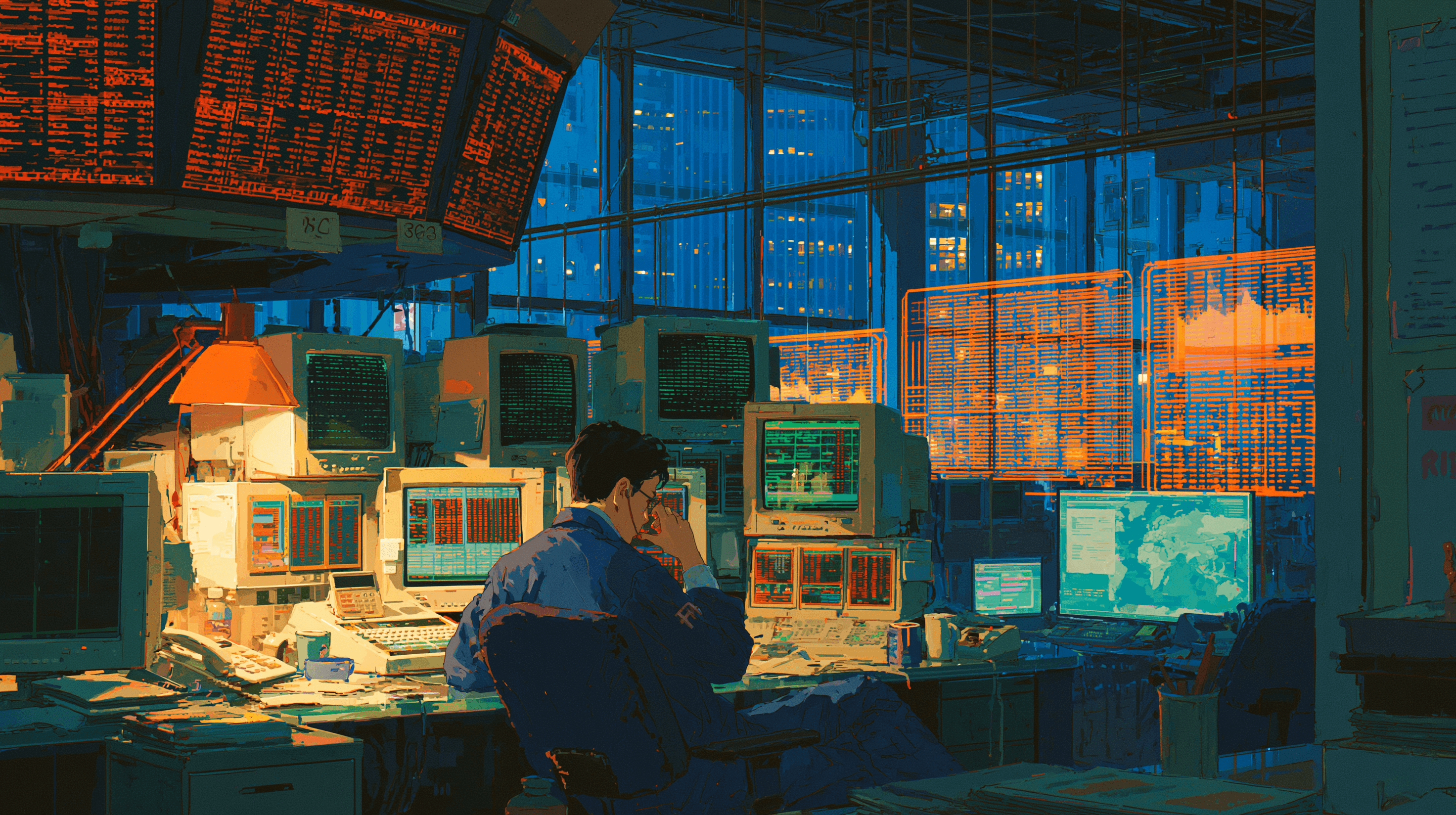 An anime-style operator at a desk of CRT monitors, city lights behind a glass wall.