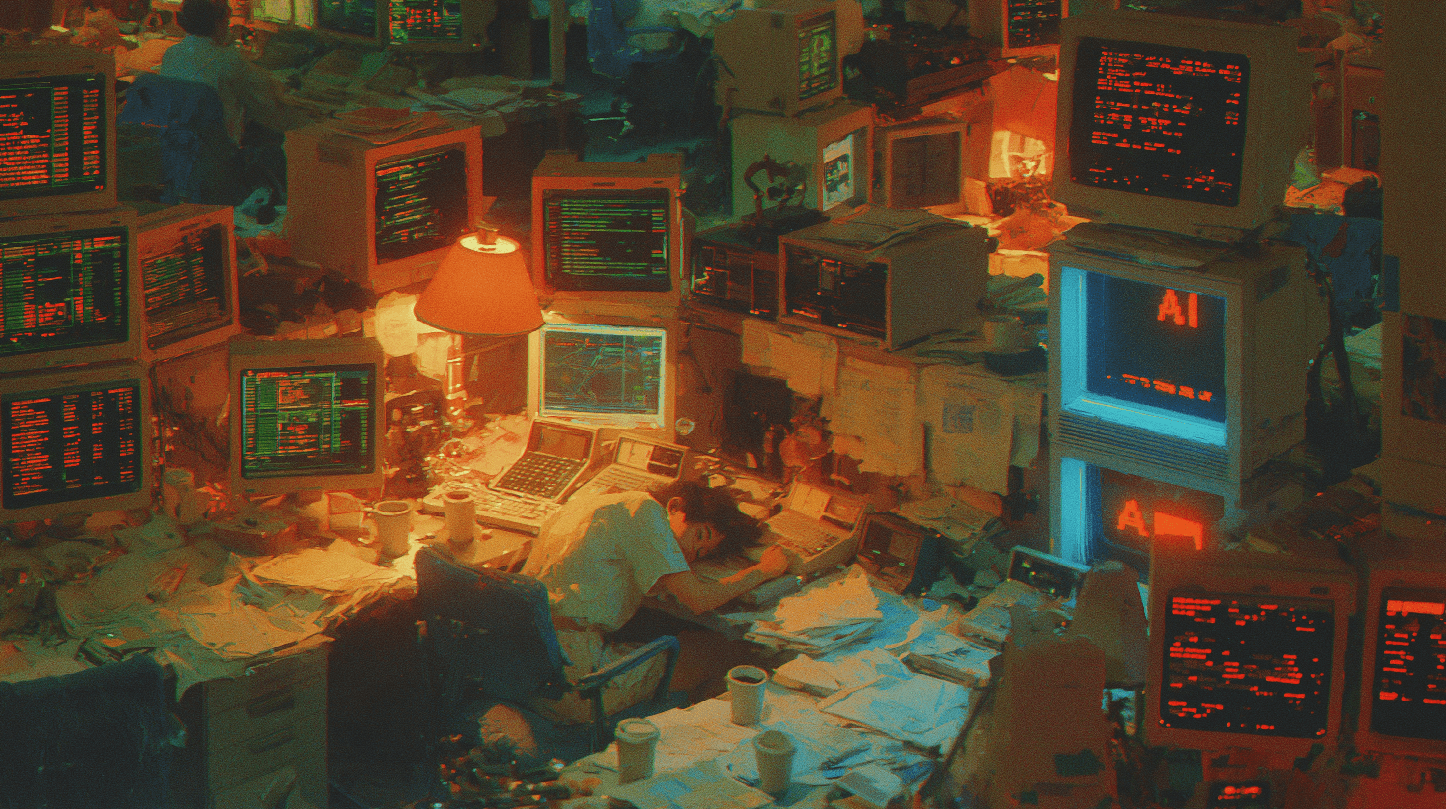 An operator hunched at a maximalist workstation of CRT monitors, one glowing 'AI'.