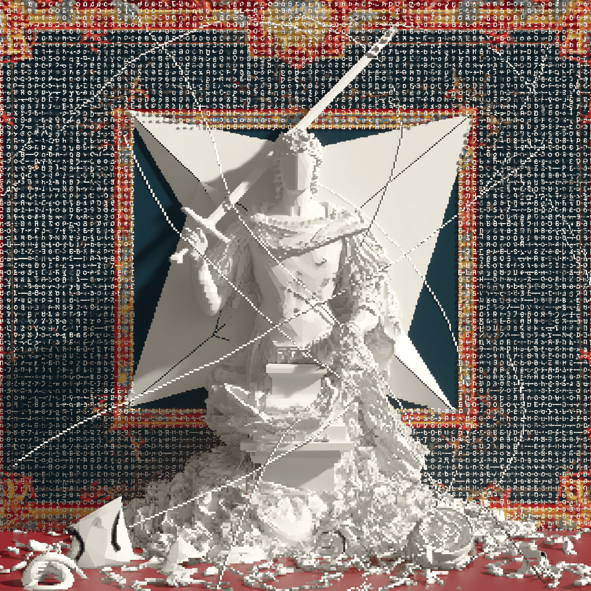 Classical statue with cracked marble, surrounded by a fracturing digital pattern.