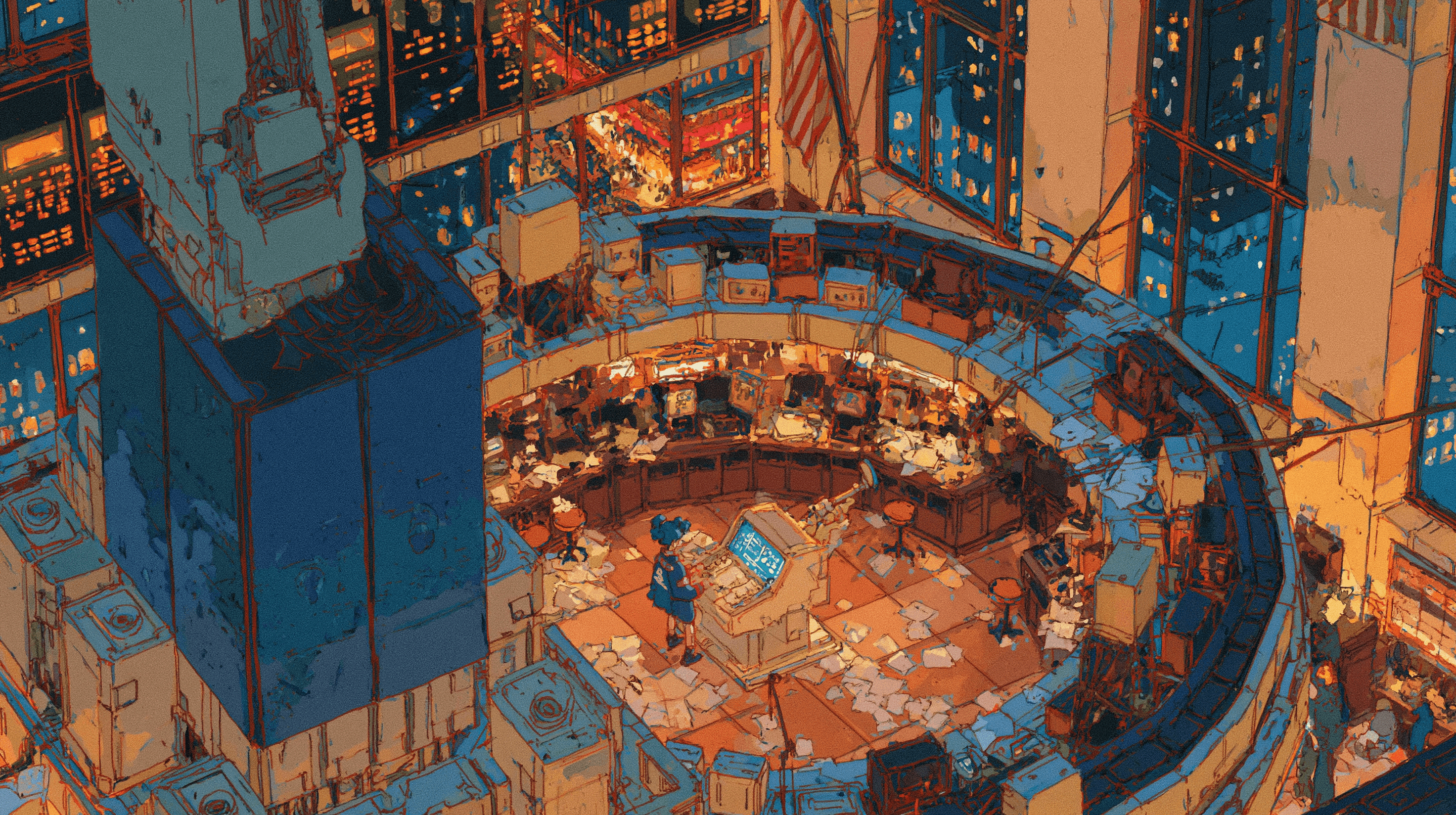 Overhead view of a single operator at the center of a circular trading pit, the city visible beyond.