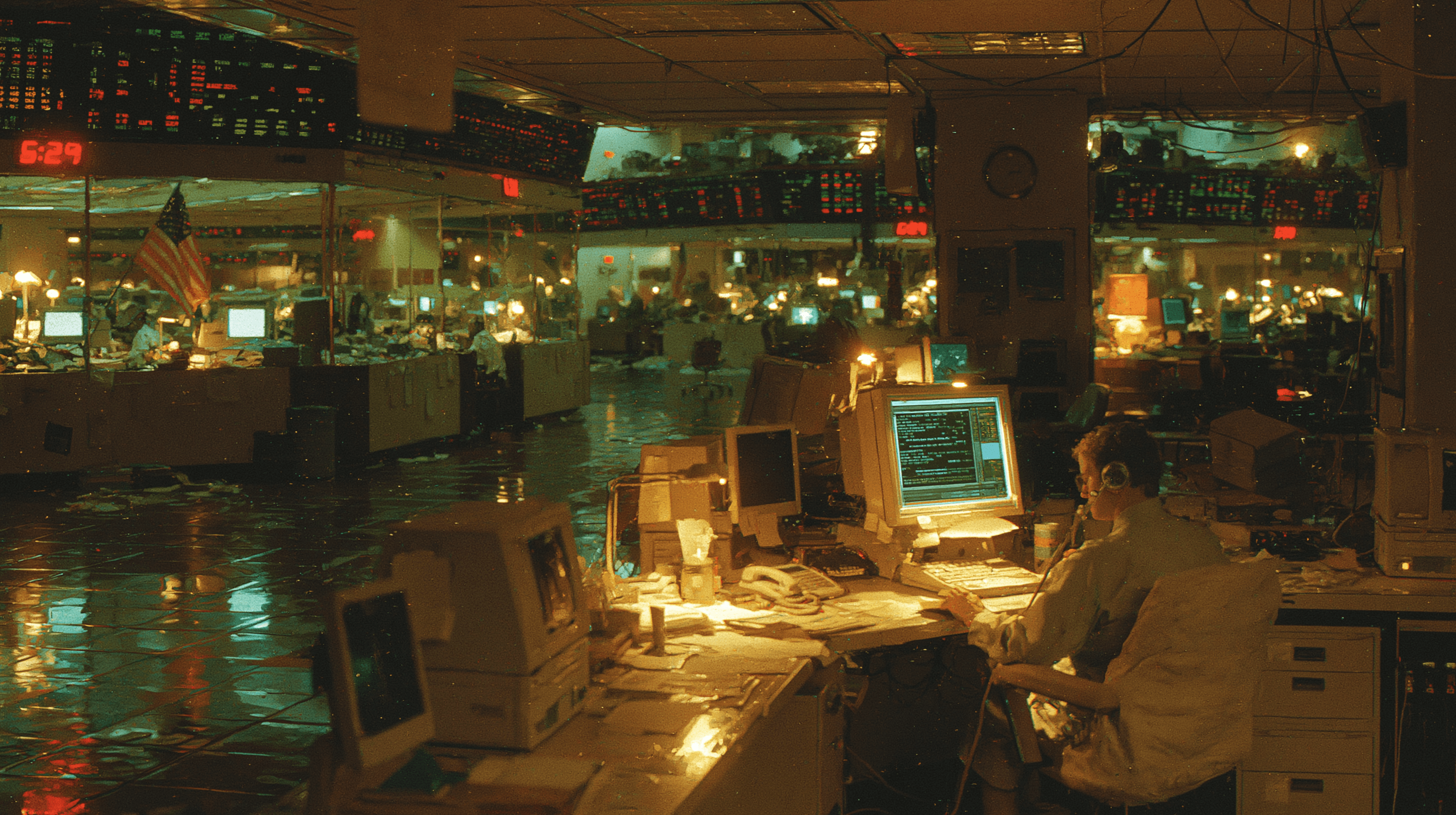 A single operator at a CRT monitor on an empty, wet 1980s trading floor at night.
