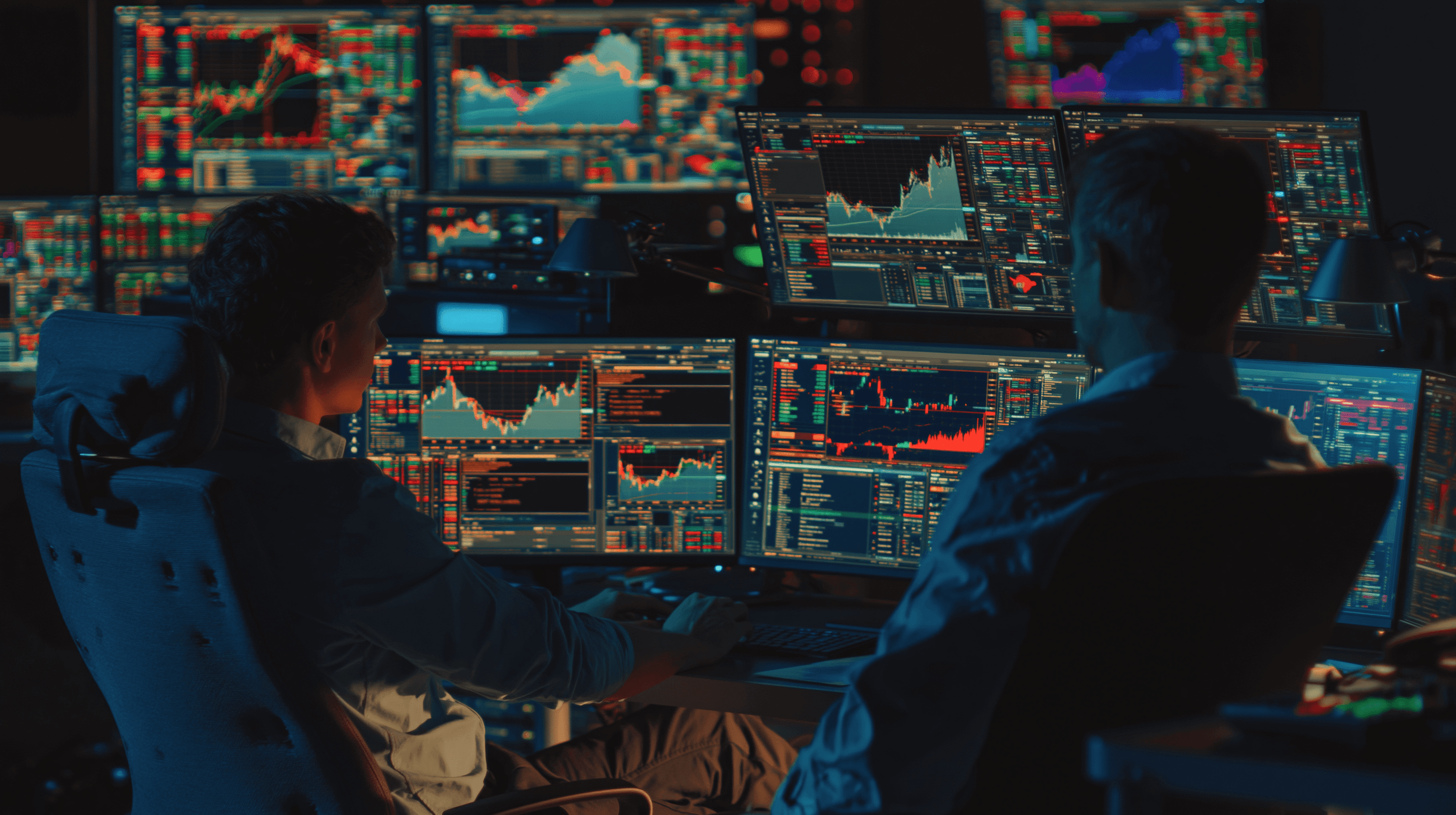 Two modern operators at a wall of monitors running charts and order books.