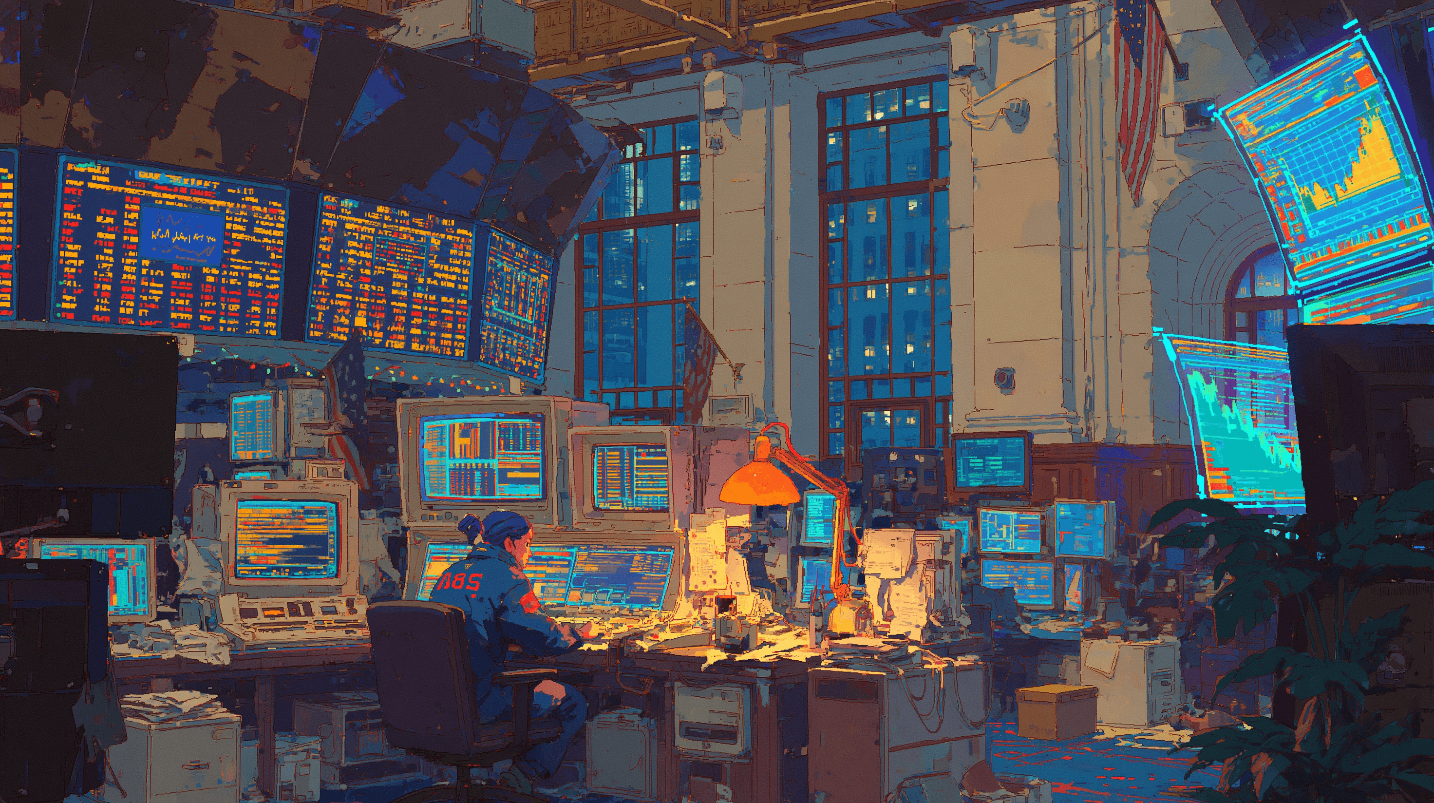 An anime-style operator at a workstation with tickers, a flag, and the city behind.