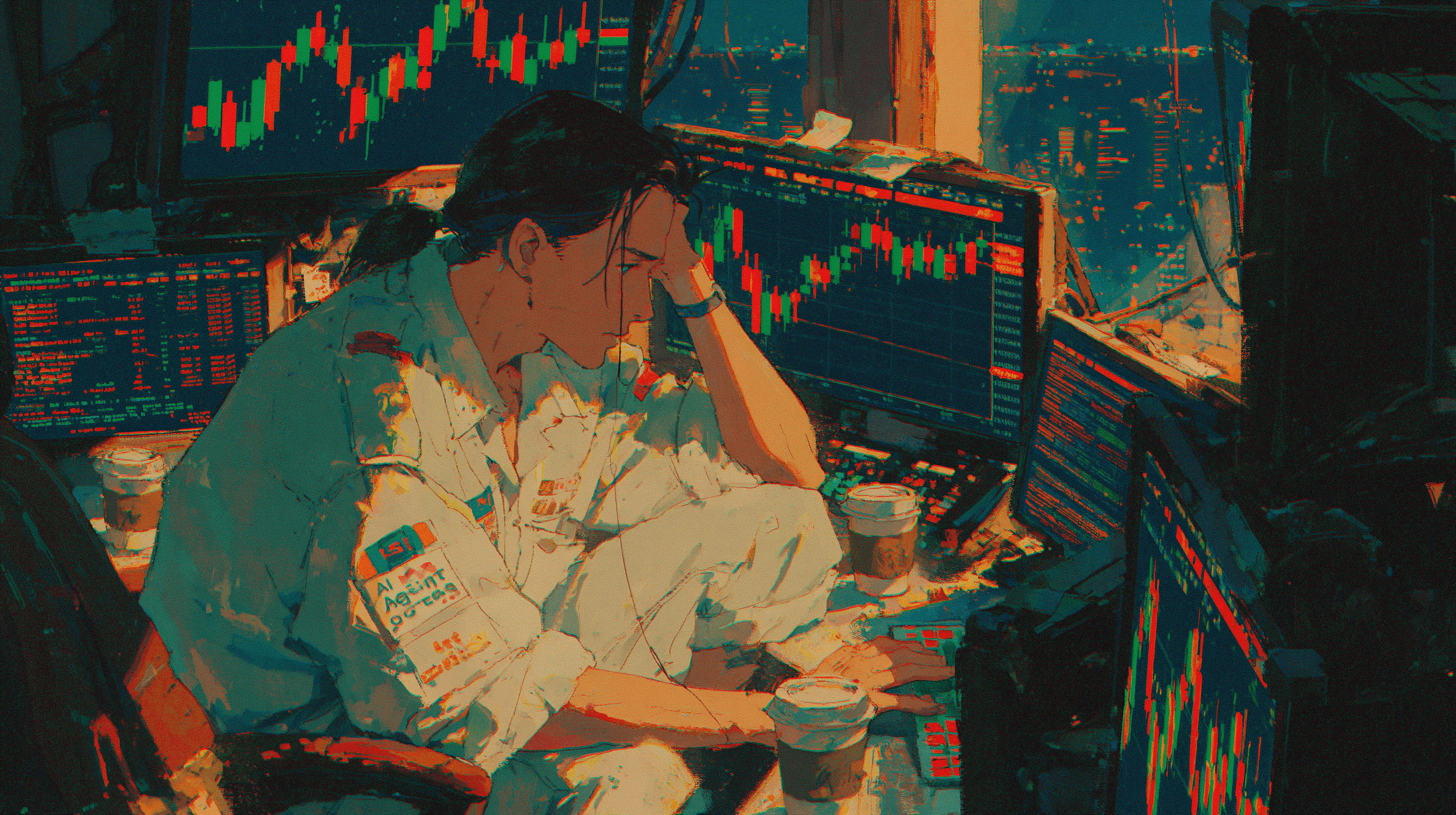 A young operator at a workstation surrounded by monitors.
